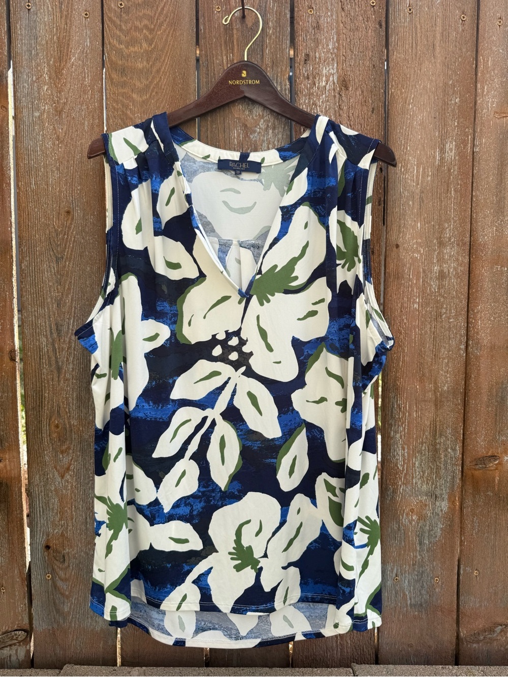 RACHEL Rachel Roy Navy White Green Floral V Neck Sleeveless Blouse Shirt Size 1X